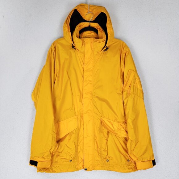 J Crew Jacket Mens Medium Yellow Full Zip Hooded Lined Rain Coat Parka Outdoors - Picture 1 of 14